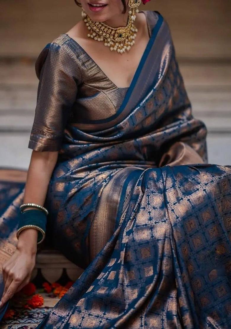 Blue Embroidery Silk Saree Set - Indya