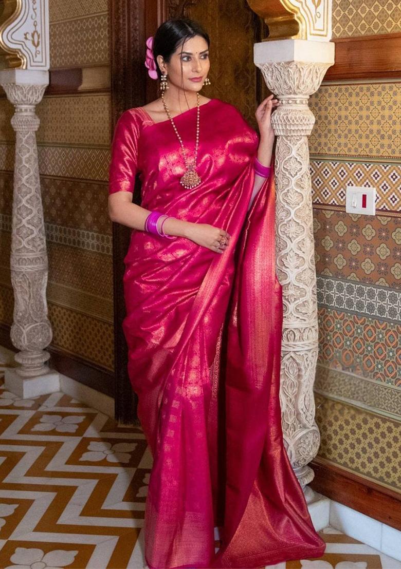 Pink Embroidery Silk Saree Set - Indya