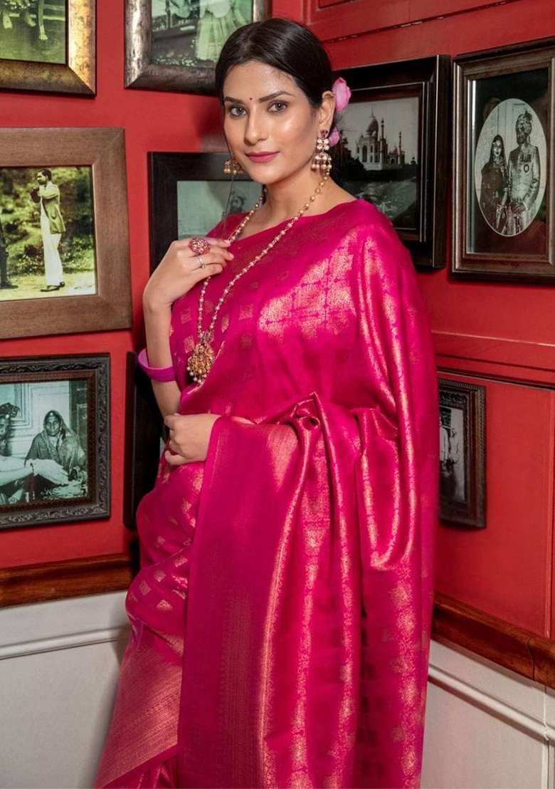 Pink Silk Blend Saree Set with Embroidery for Diwali | Wedding & Festive Wear - Indya