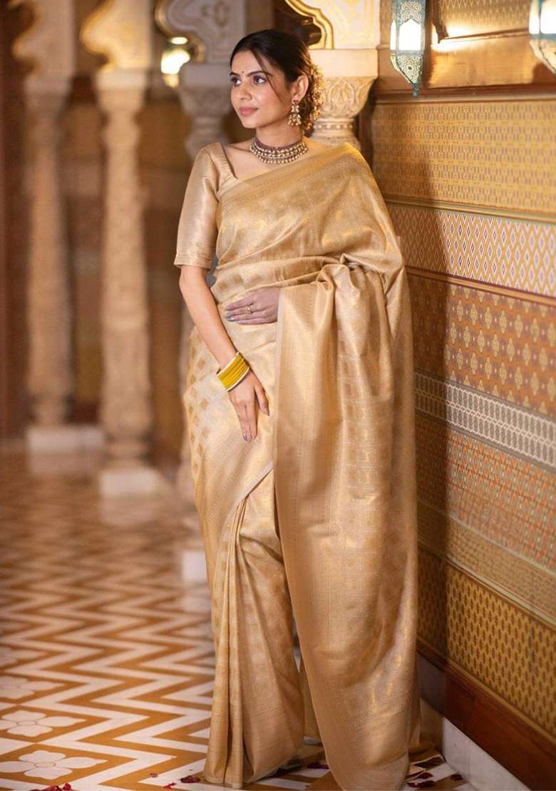 Gold Embroidery Silk Blend Saree Set for Diwali and Festive Wear - Indya
