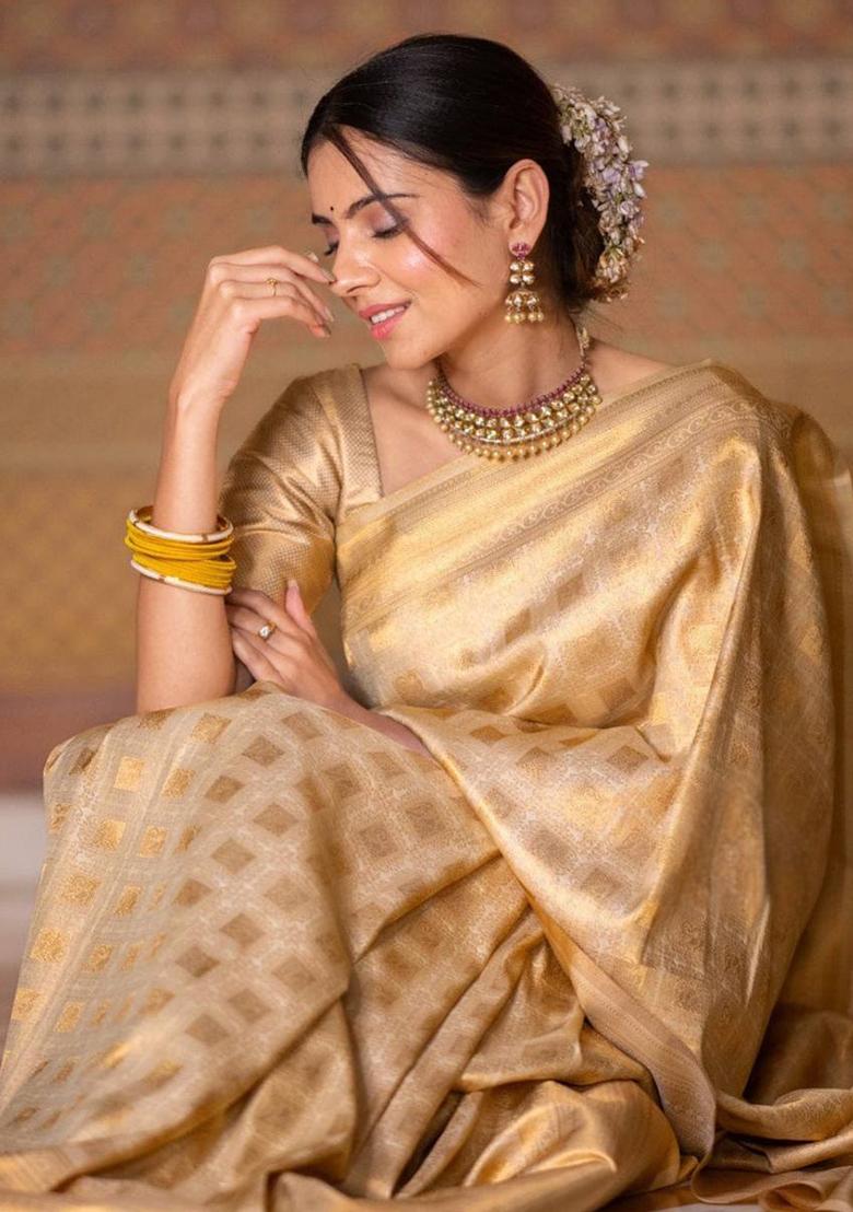 Gold Embroidery Silk Saree Set - Indya