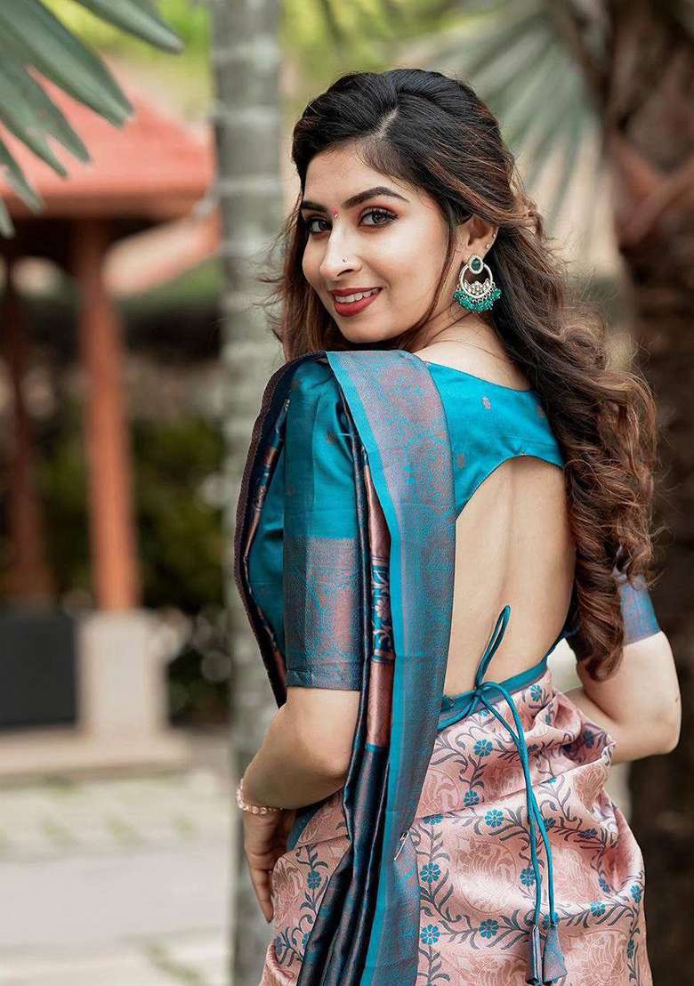 Pink And Blue Embroidery Silk Blend Saree Set for Diwali and Festive Wear - Indya
