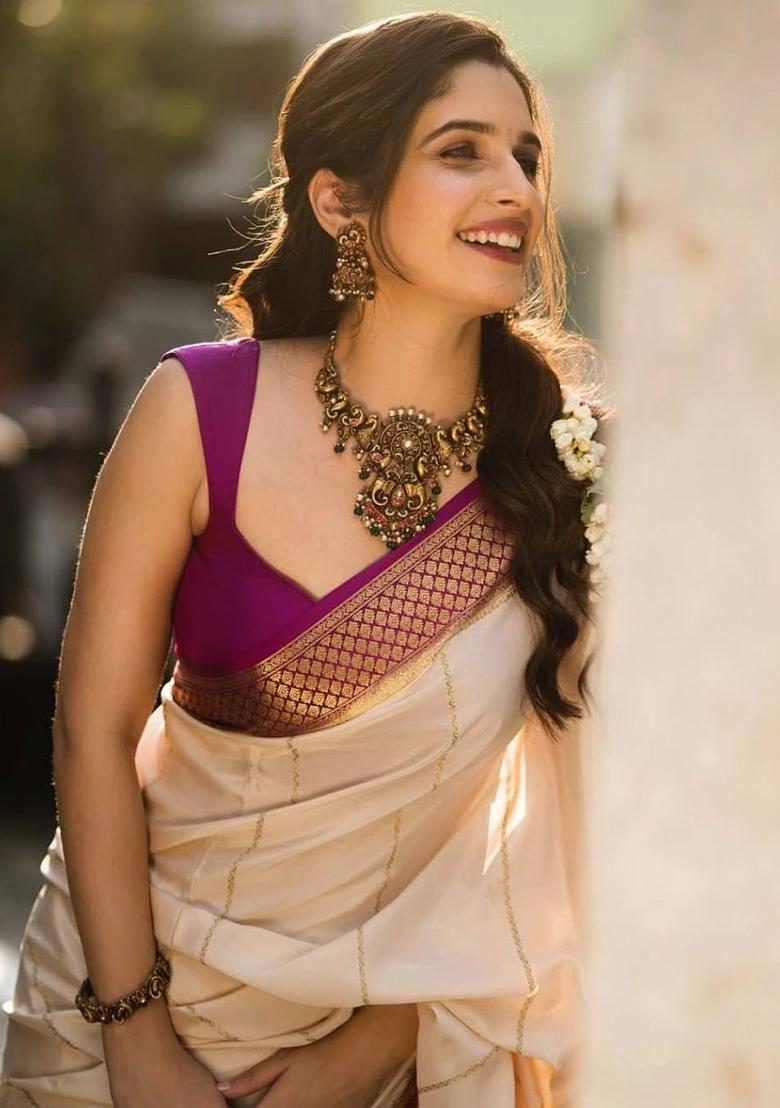 Rani Pink And Beige Embroidery Silk Saree Set - Indya