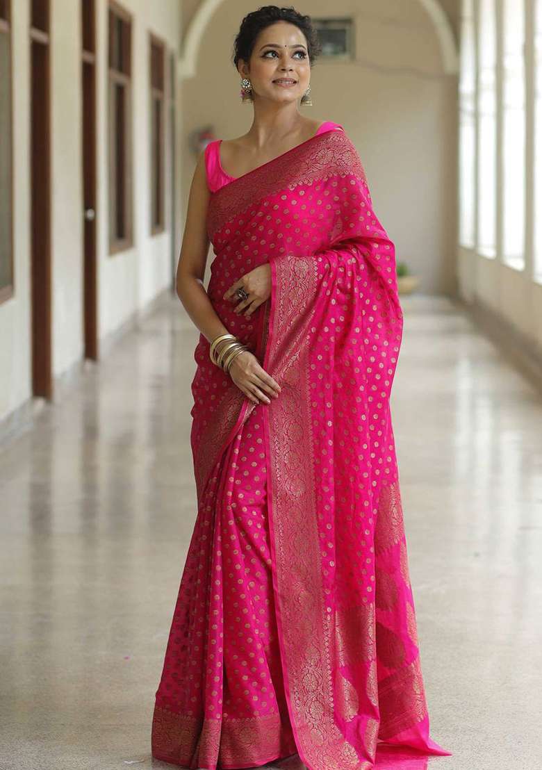 Pink Silk Blend Saree Set with Embroidery for Diwali | Wedding & Festive Wear - Indya