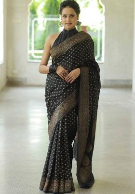 Black Embroidery Silk Saree Set