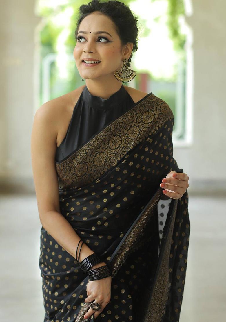 Black Embroidery Silk Saree Set - Indya