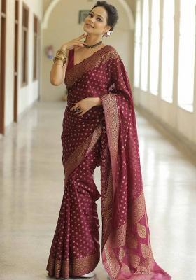 Maroon Embroidery Silk Saree Set