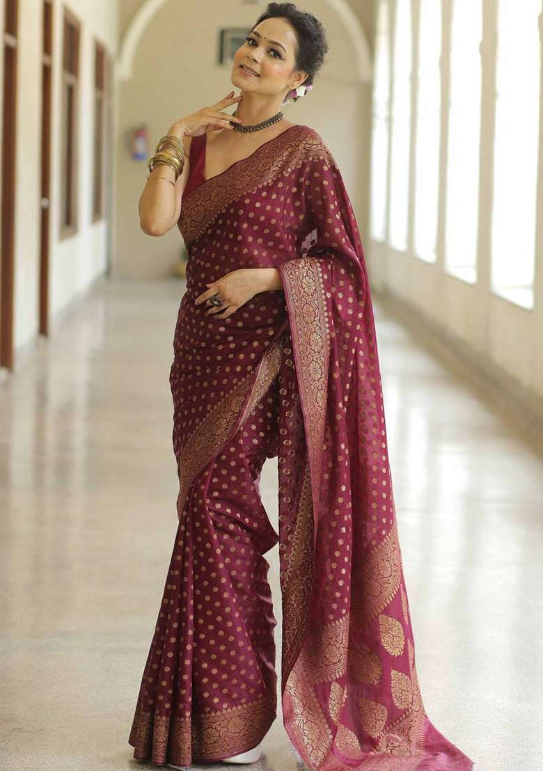 Maroon Silk Blend Saree Set with Embroidery for Diwali | Wedding & Festive Wear - Indya