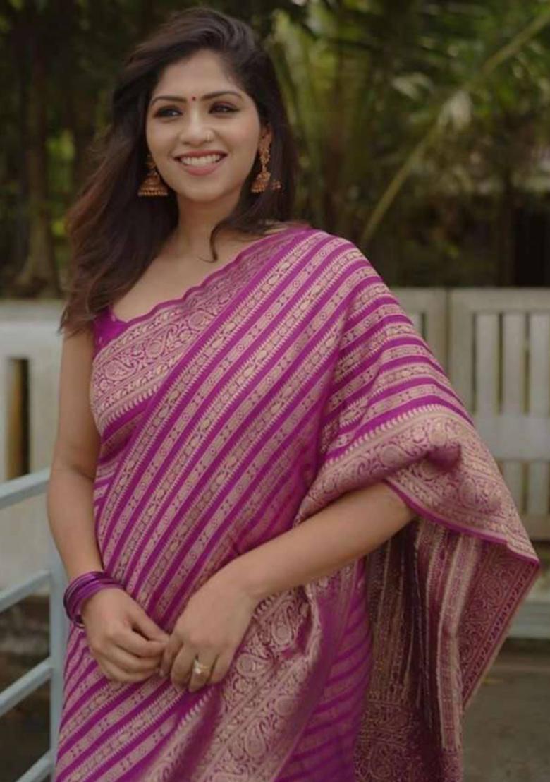 Purple Embroidery Silk Saree Set - Indya