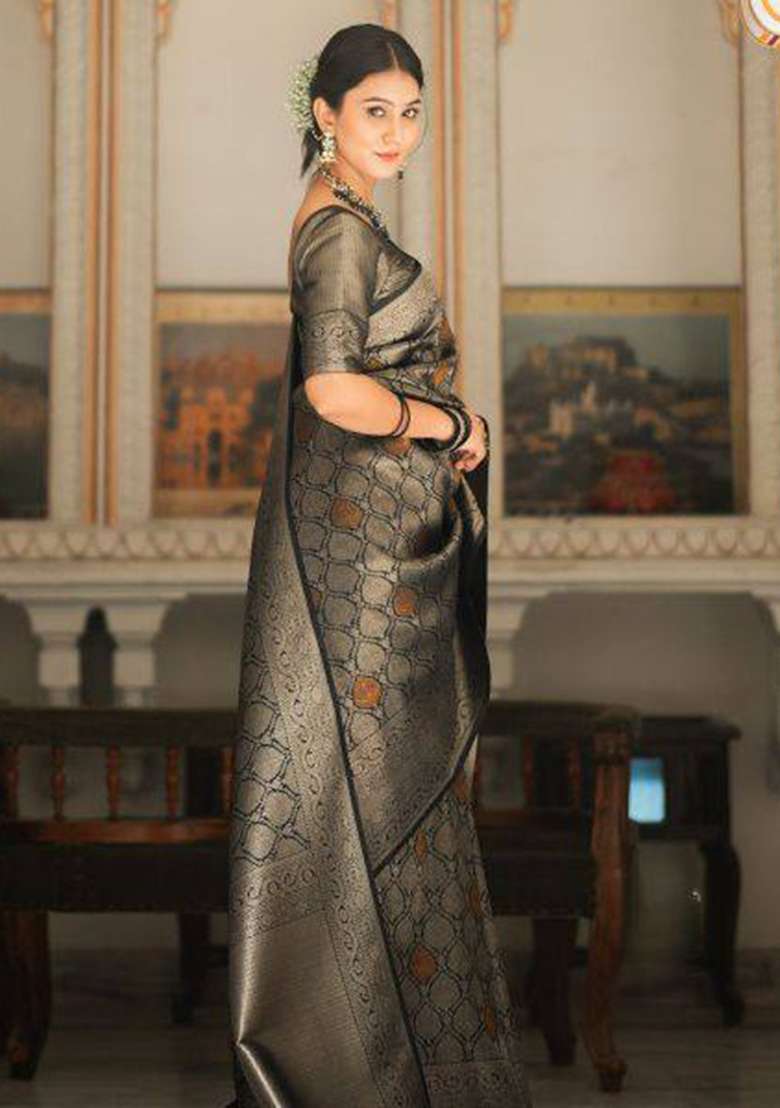 Black Silk Blend Saree Set with Embroidery for Diwali | Wedding & Festive Wear - Indya