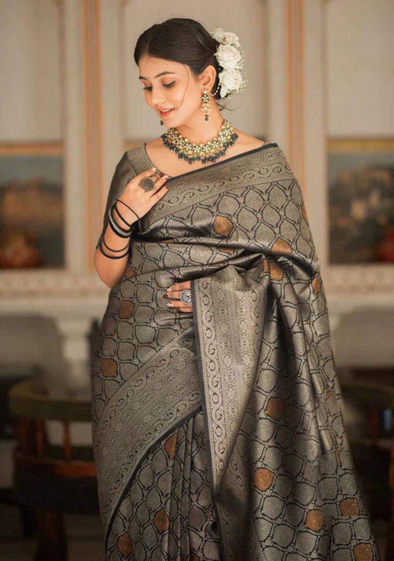Black Embroidery Silk Saree Set - Indya