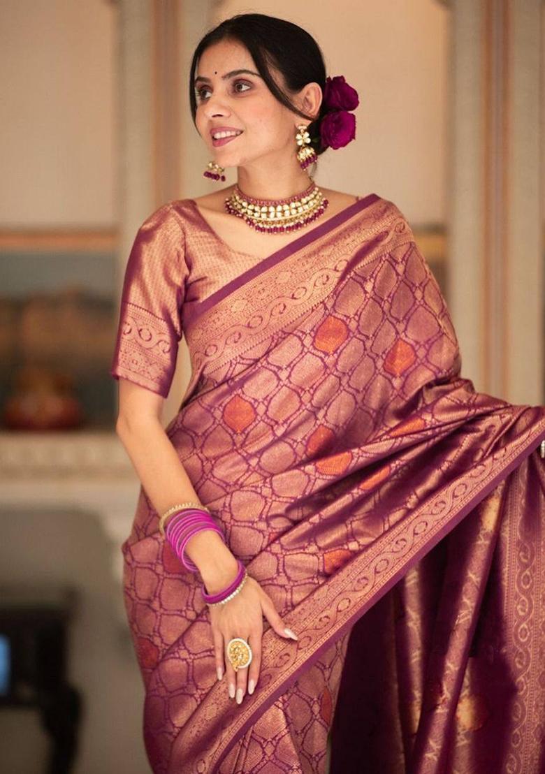 Purple Embroidery Silk Saree Set - Indya