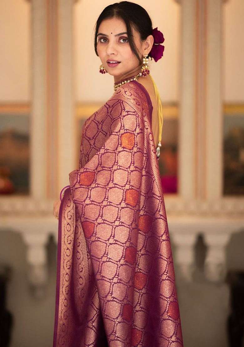 Purple Silk Blend Saree Set with Embroidery for Diwali | Wedding & Festive Wear - Indya