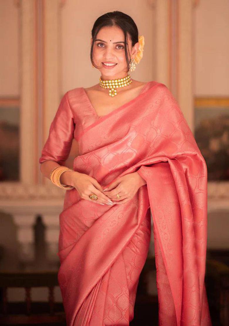 Pink Embroidery Silk Saree Set - Indya
