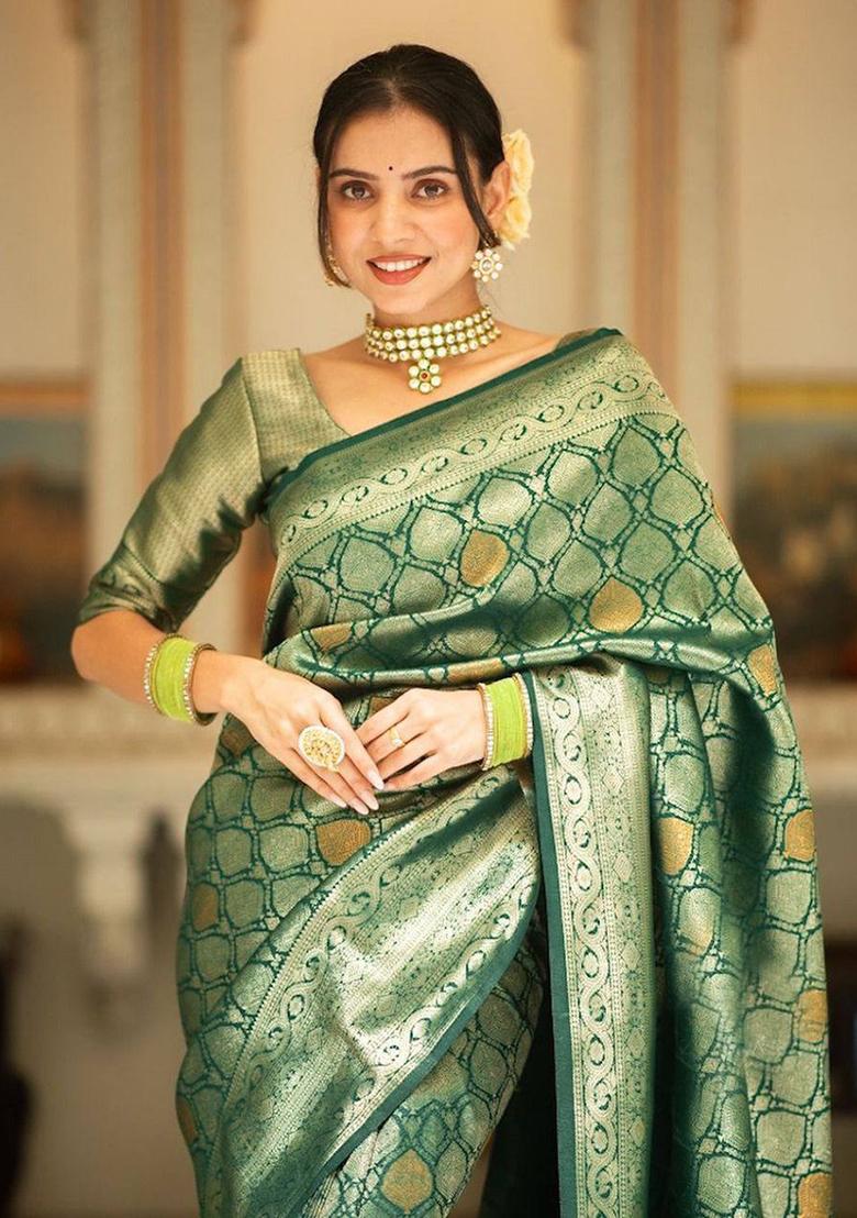 Green Embroidery Silk Saree Set - Indya