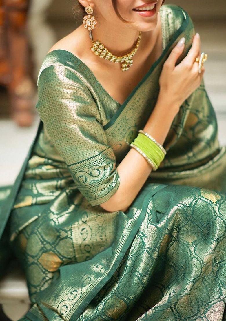 Green Embroidery Silk Saree Set - Indya