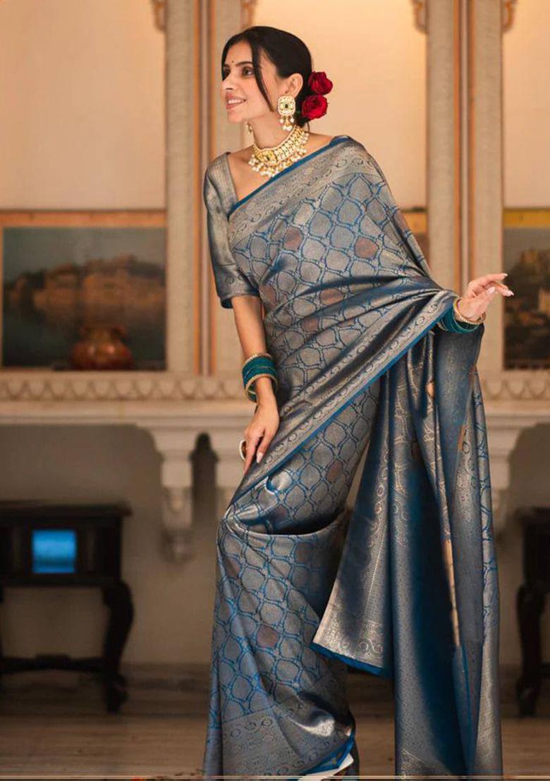 Blue Embroidery Silk Saree Set - Indya