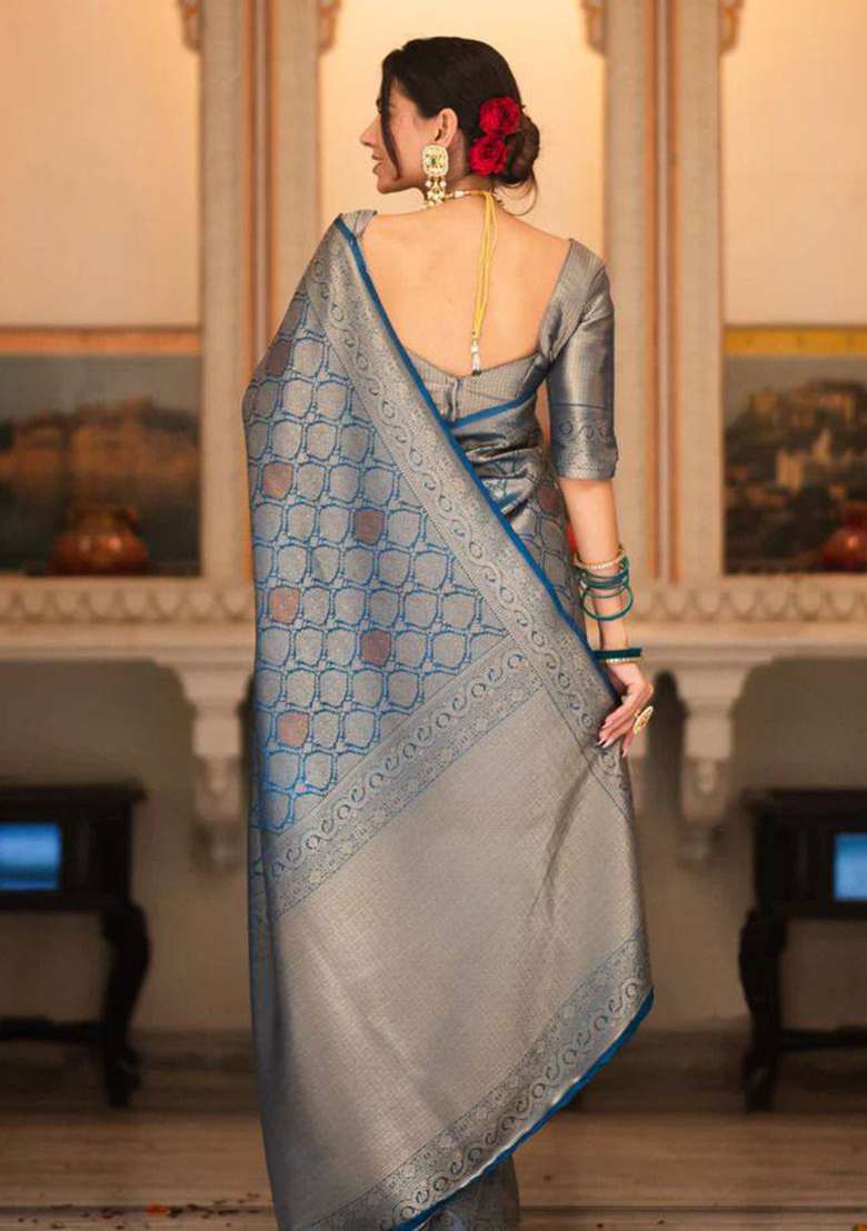Blue Silk Blend Saree Set with Embroidery for Diwali | Wedding & Festive Wear - Indya