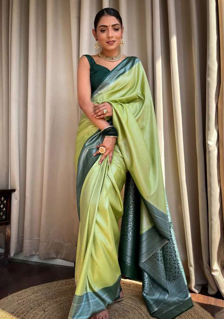 Green Silk Blend Saree Set with Embroidery for Diwali | Wedding & Festive Wear - Indya
