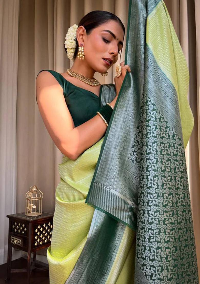Green Embroidery Silk Saree Set - Indya