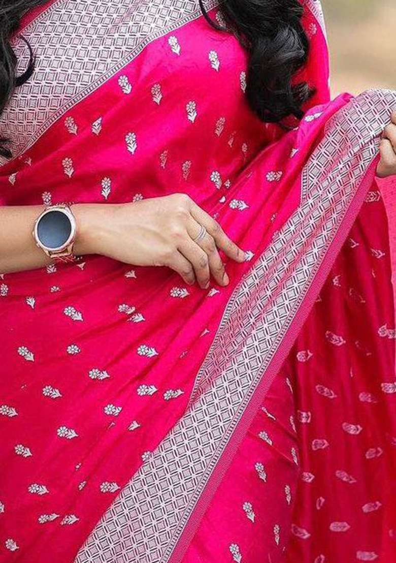 Pink Silk Blend Saree Set with Embroidery for Diwali | Wedding & Festive Wear - Indya
