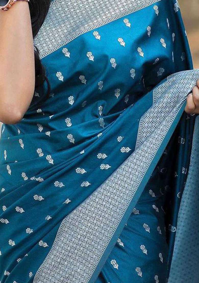 Blue Silk Blend Saree Set with Embroidery for Diwali | Wedding & Festive Wear - Indya