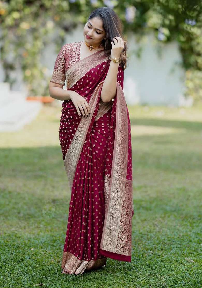 Maroon Silk Blend Saree Set with Embroidery for Diwali | Wedding & Festive Wear - Indya