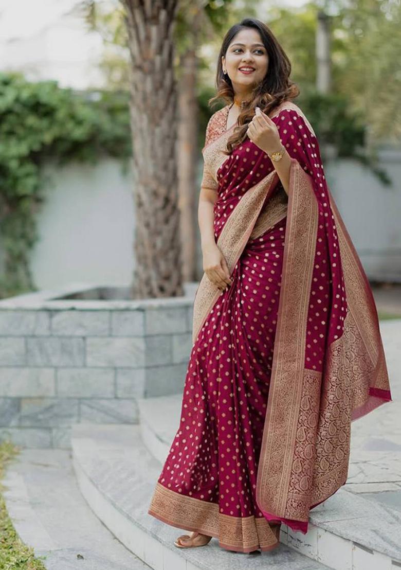 Maroon Embroidery Silk Saree Set - Indya