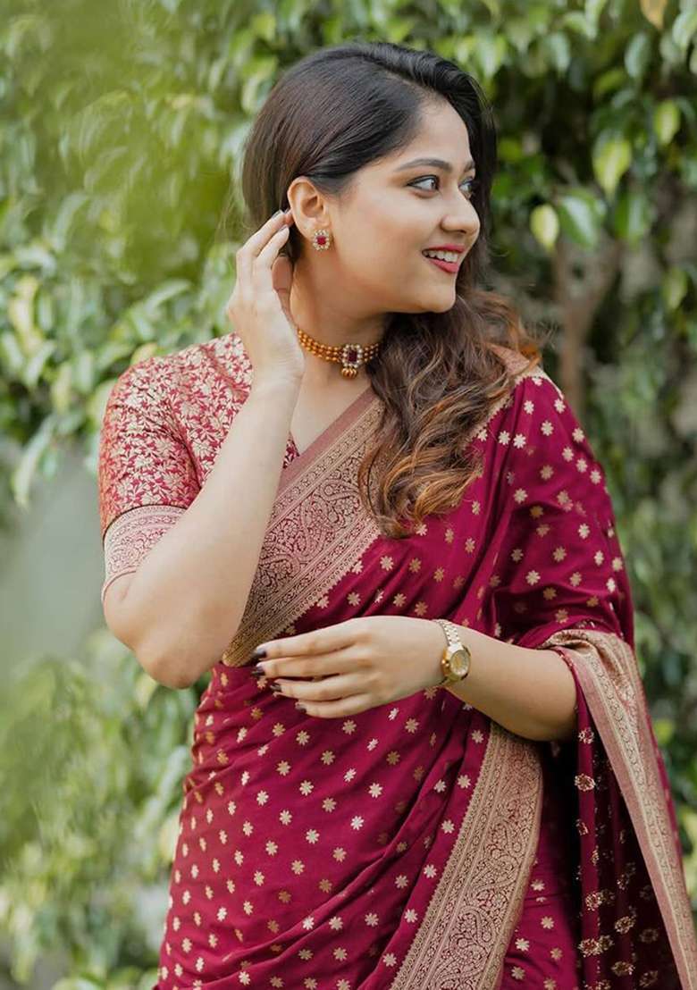 Maroon Silk Blend Saree Set with Embroidery for Diwali | Wedding & Festive Wear - Indya
