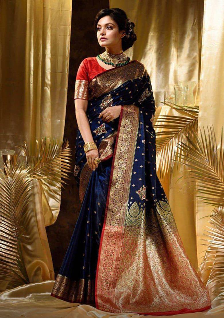 Red Embroidery Silk Saree Set - Indya