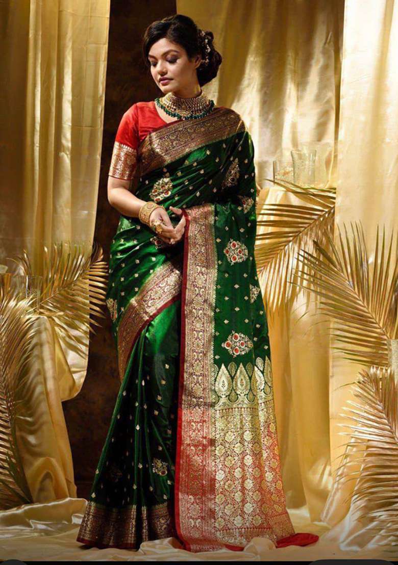 Blue Silk Blend Saree Set with Embroidery for Diwali | Wedding & Festive Wear - Indya