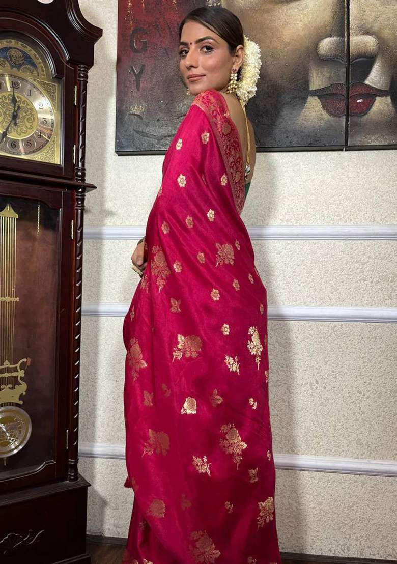 Pink Silk Blend Saree Set with Embroidery for Diwali | Wedding & Festive Wear - Indya