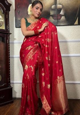 Red Embroidery Silk Saree Set