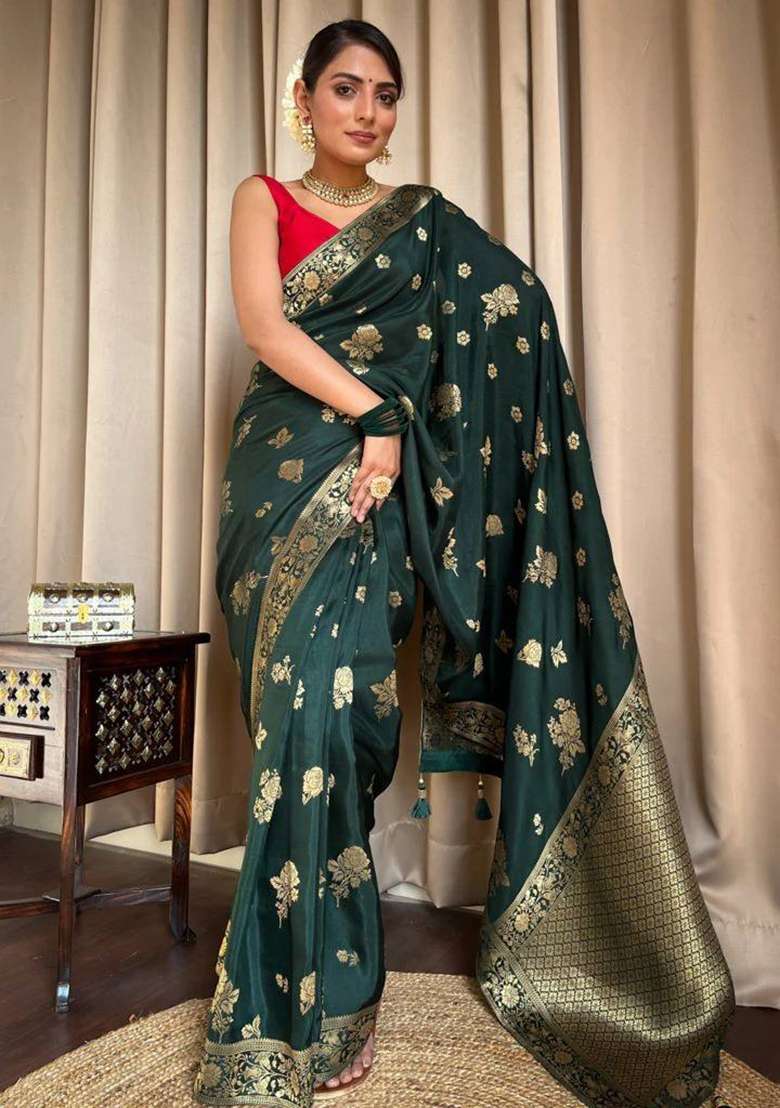 Green Silk Blend Saree Set with Embroidery for Diwali | Wedding & Festive Wear - Indya