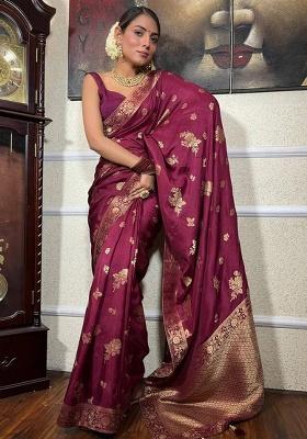 Purple Embroidery Silk Saree Set
