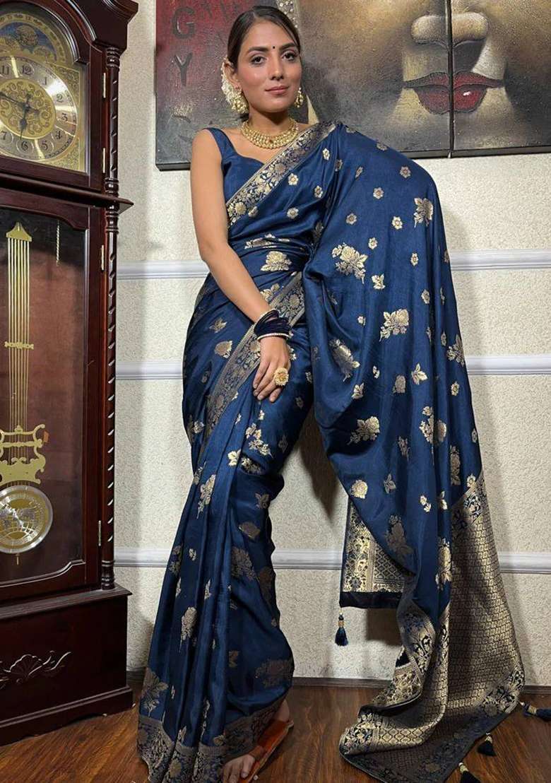 Blue Embroidery Silk Blend Saree Set for Diwali and Festive Wear - Indya