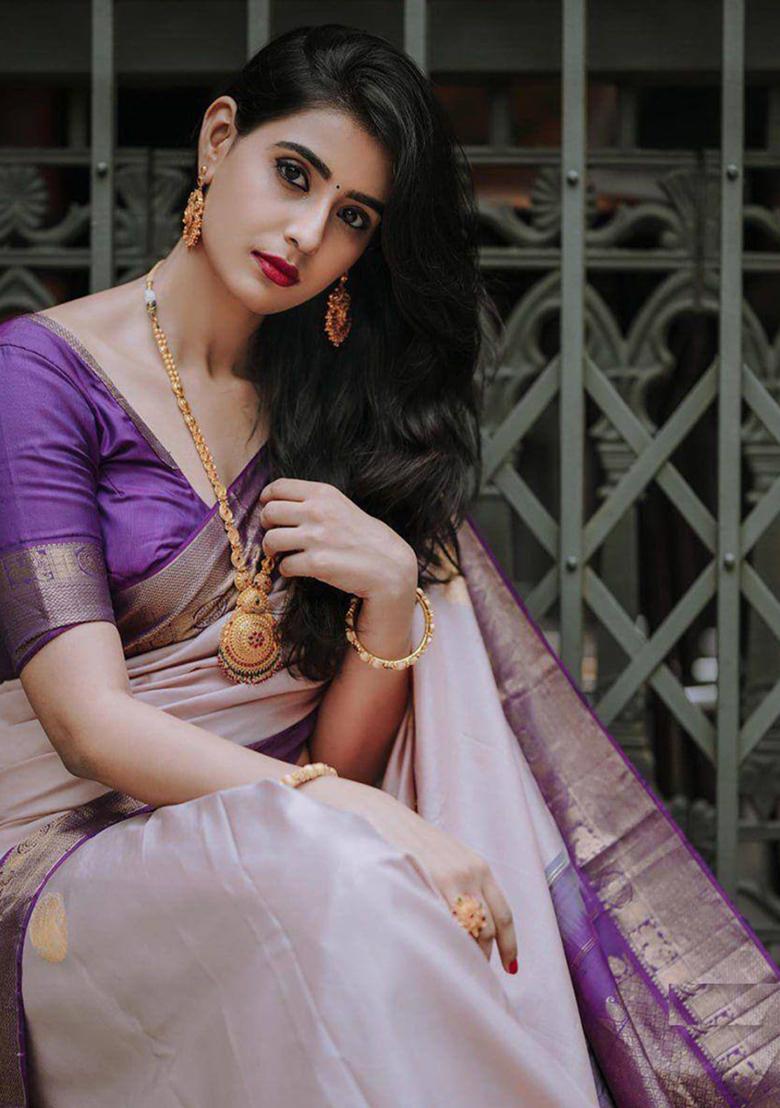 Purple Embroidery Silk Saree Set - Indya