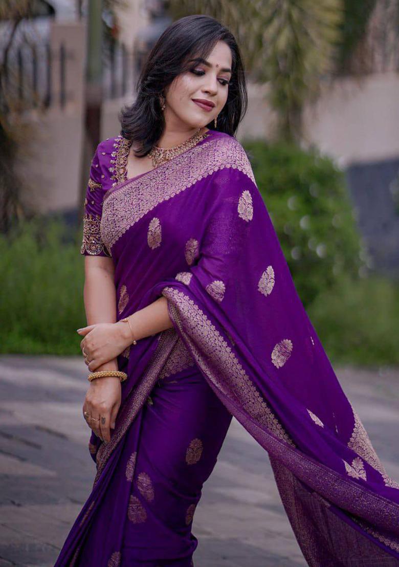 Dark Purple Embroidery Silk Saree Set - Indya