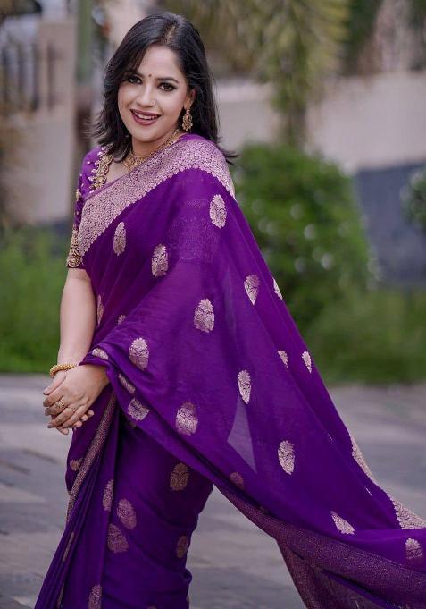 Dark Purple Embroidery Silk Saree Set