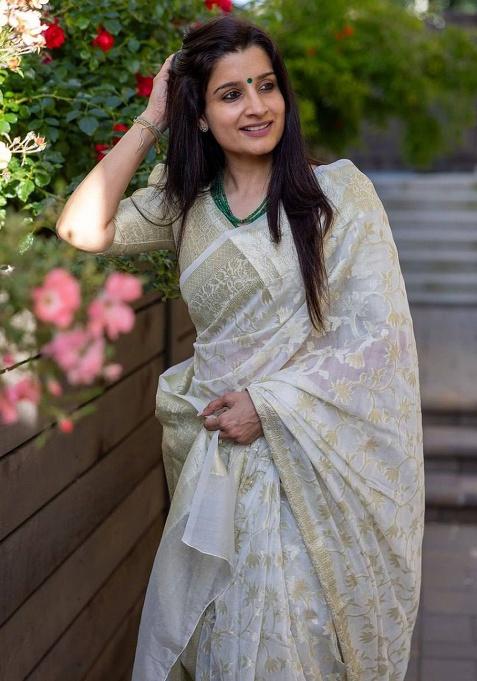 White Embroidery Silk Saree Set