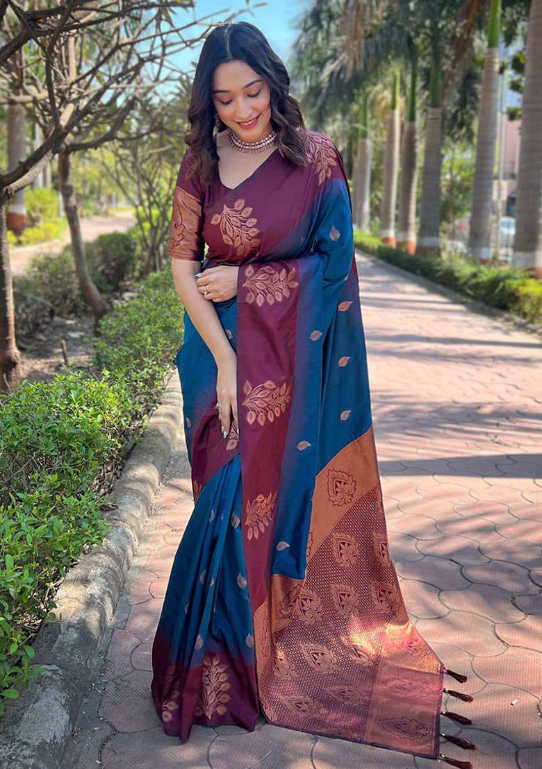Blue Silk Blend Saree Set with Embroidery for Diwali | Wedding & Festive Wear - Indya