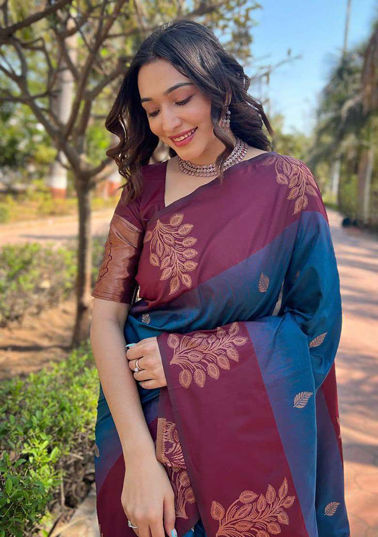 Blue Silk Blend Saree Set with Embroidery for Diwali | Wedding & Festive Wear - Indya