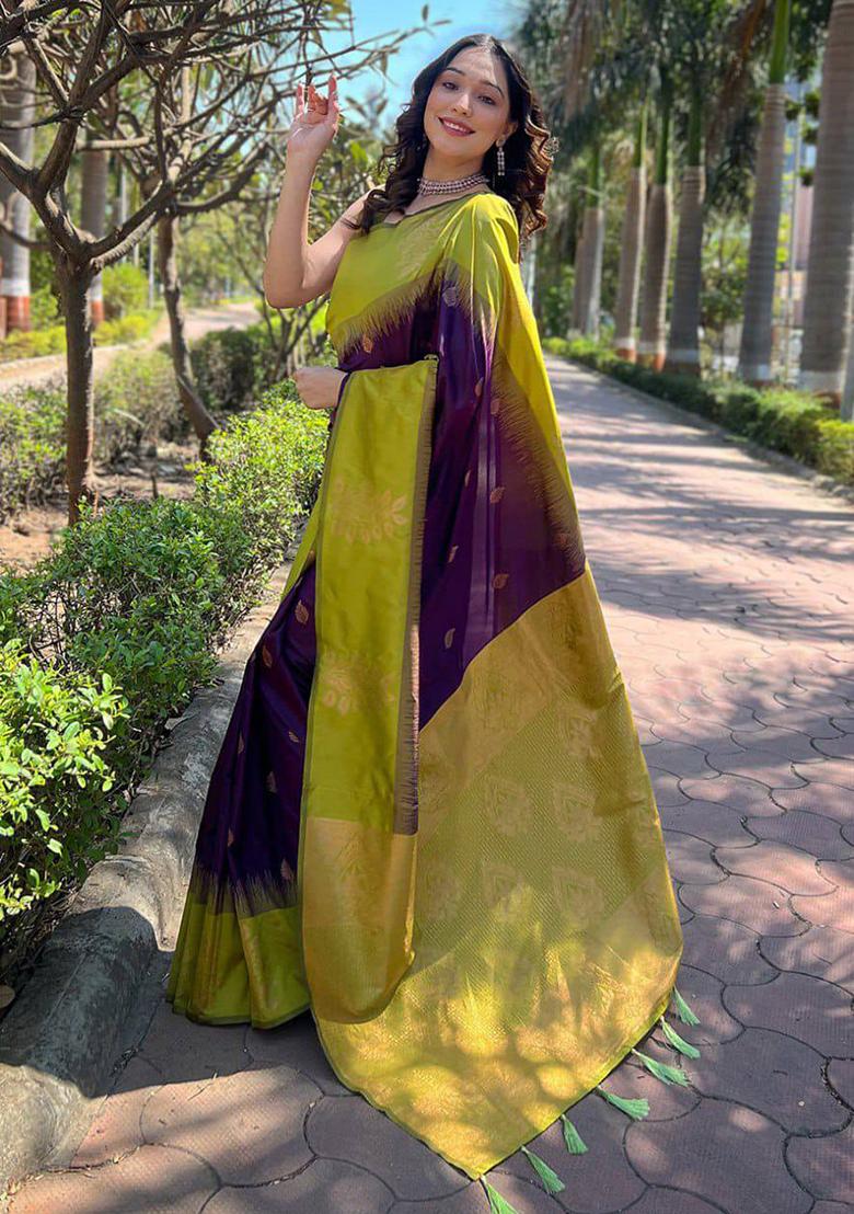 Purple Embroidery Silk Saree Set - Indya