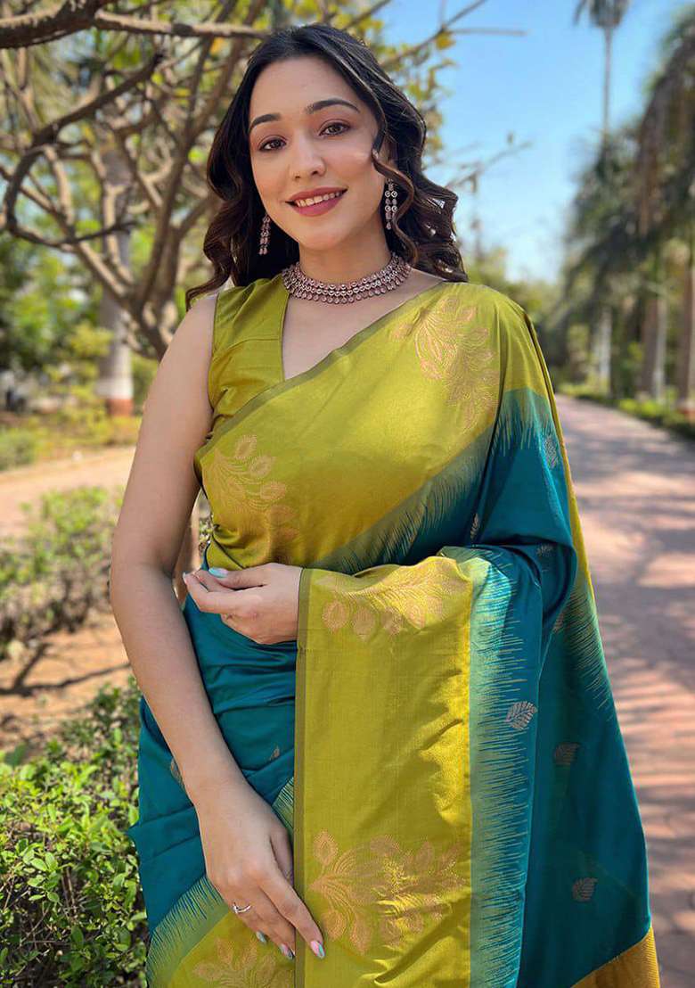 Rama Silk Blend Saree Set with Embroidery for Diwali | Wedding & Festive Wear - Indya