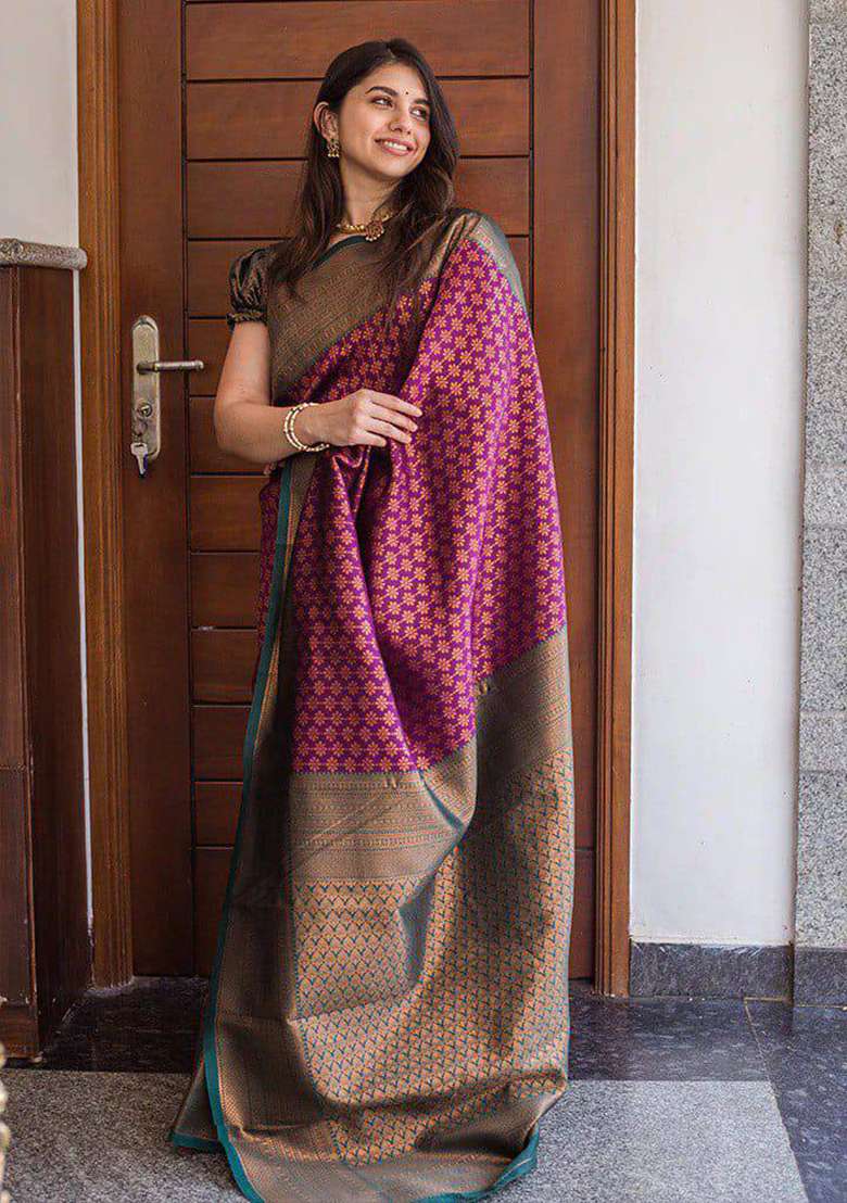 Purple Silk Blend Saree Set with Embroidery for Diwali | Wedding & Festive Wear - Indya
