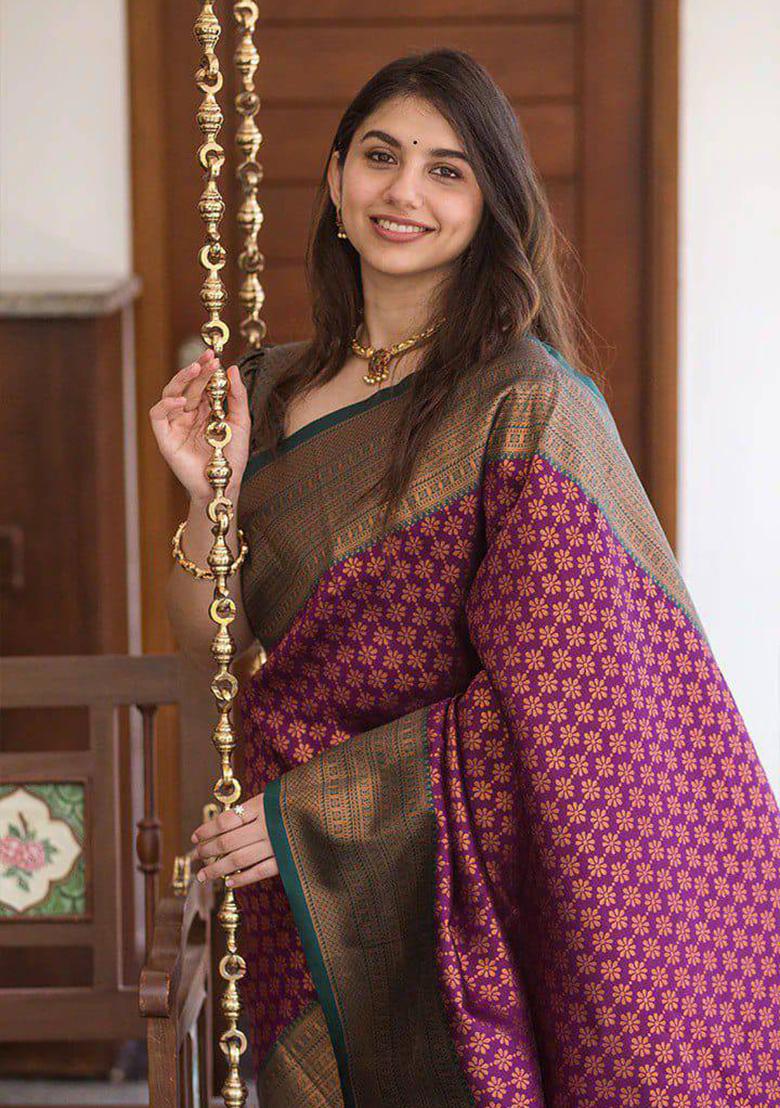 Purple Embroidery Silk Saree Set - Indya