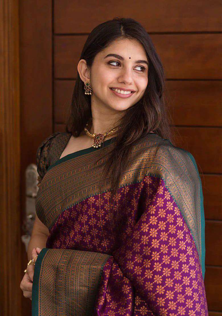Purple Silk Blend Saree Set with Embroidery for Diwali | Wedding & Festive Wear - Indya