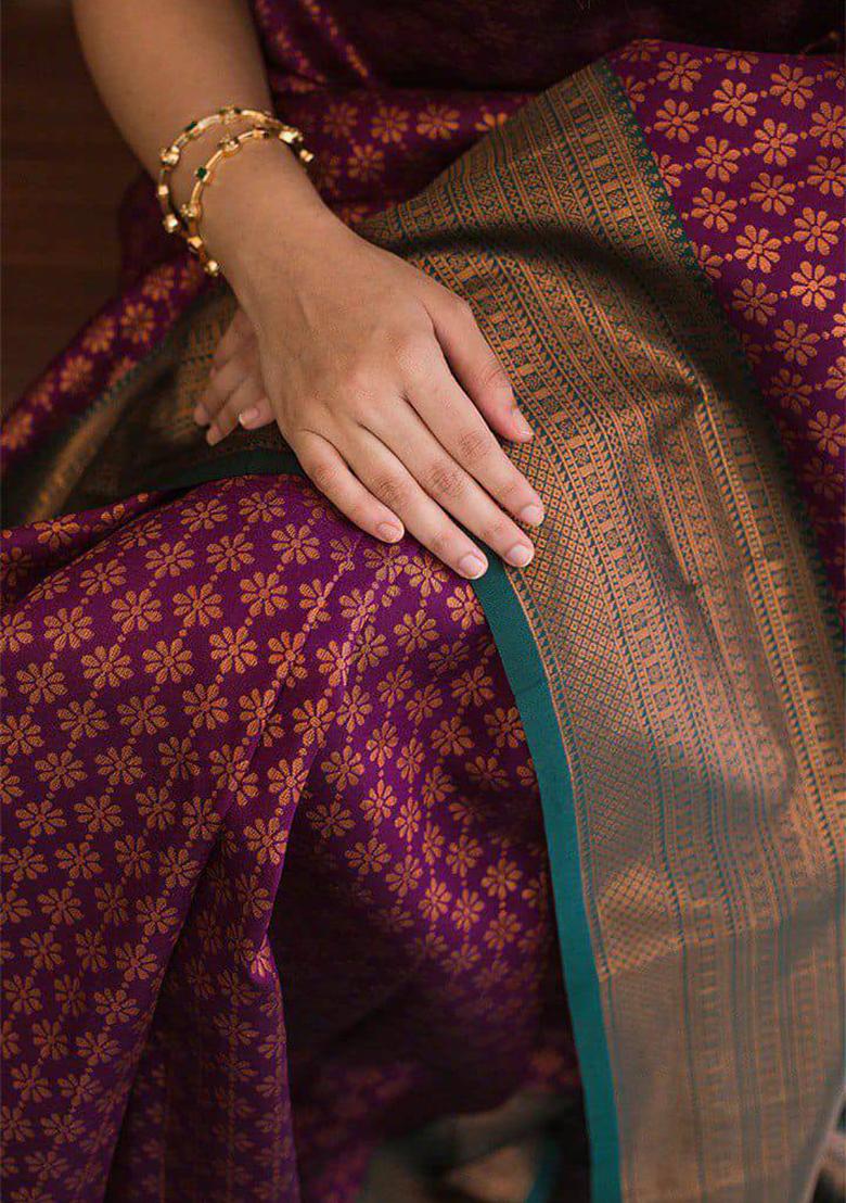 Purple Embroidery Silk Saree Set - Indya