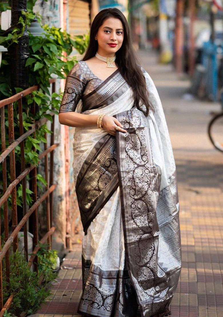 Grey Embroidery Silk Blend Saree Set for Diwali and Festive Wear - Indya