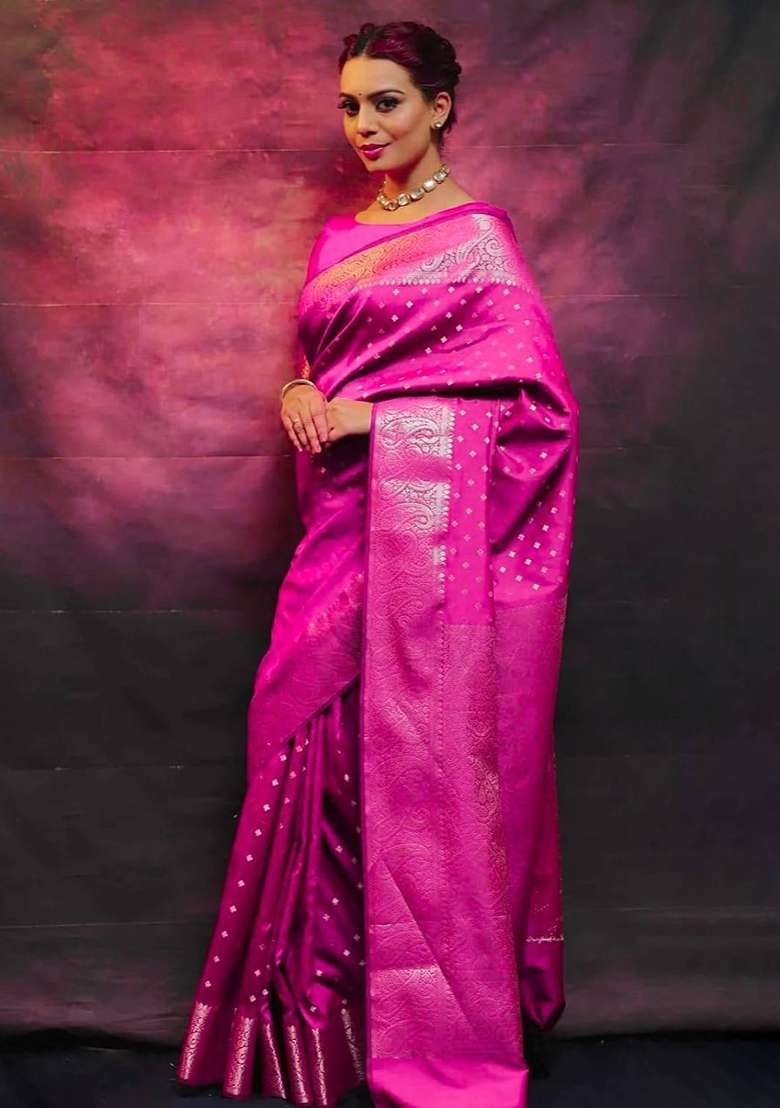 Pink Embroidery Silk Blend Saree Set for Diwali and Festive Wear - Indya